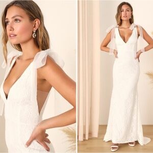 LULU's Elegant Sexy Wedding Bridal Shower Engagement Floral Lace Flowy Gown
